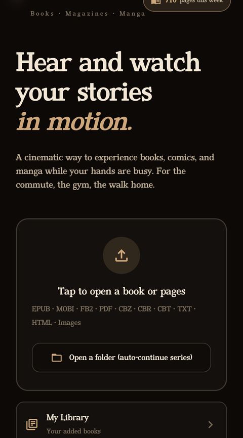 The app home screen: Hear and watch your stories in motion, with a drop target listing EPUB, MOBI, FB2, PDF, CBZ, CBR, CBT, TXT, HTML and images.