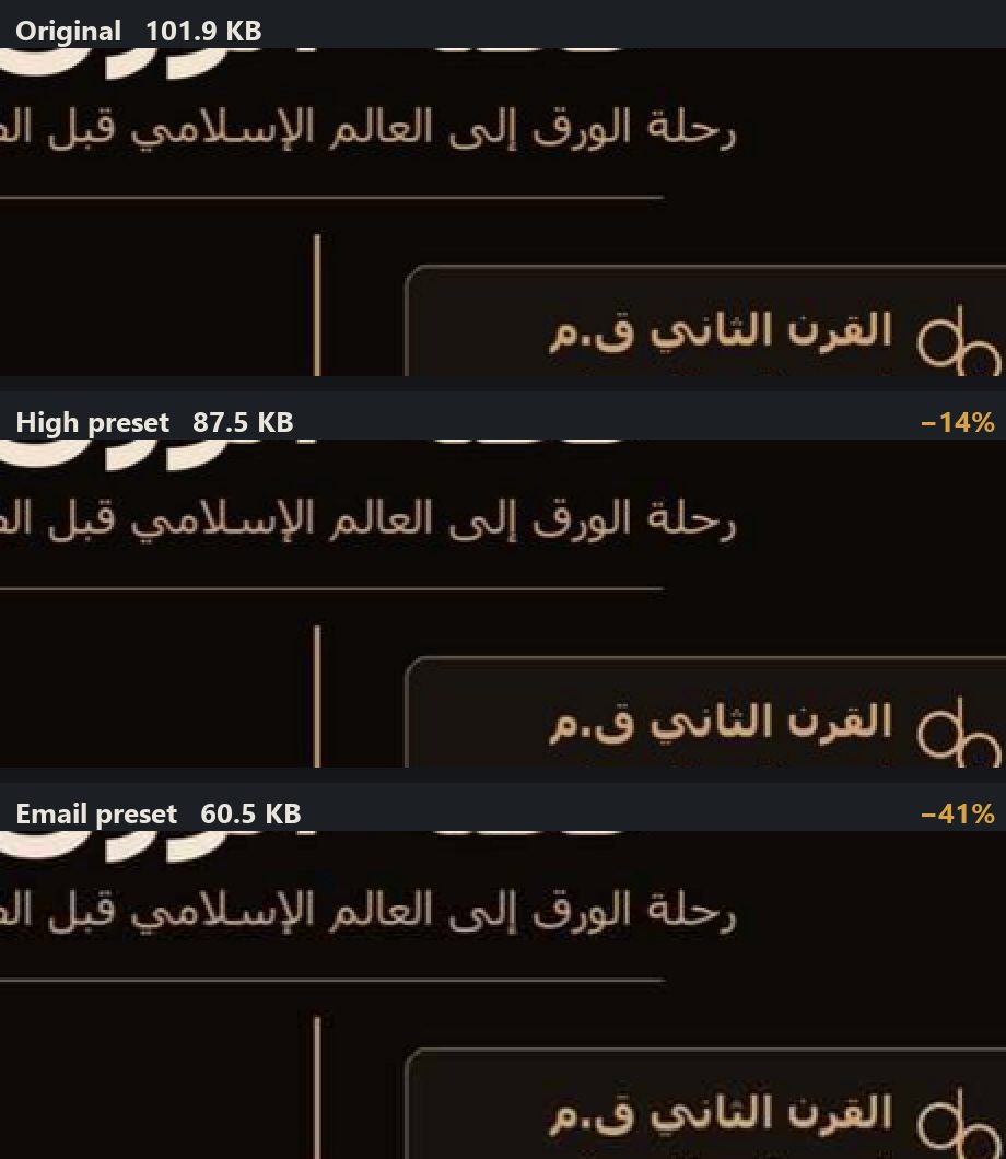 Three magnified crops of the same Arabic infographic: original at 101.9 KB, high preset at 87.5 KB, email preset at 60.5 KB, with the gold Arabic headings and hairline rules identical in all three.